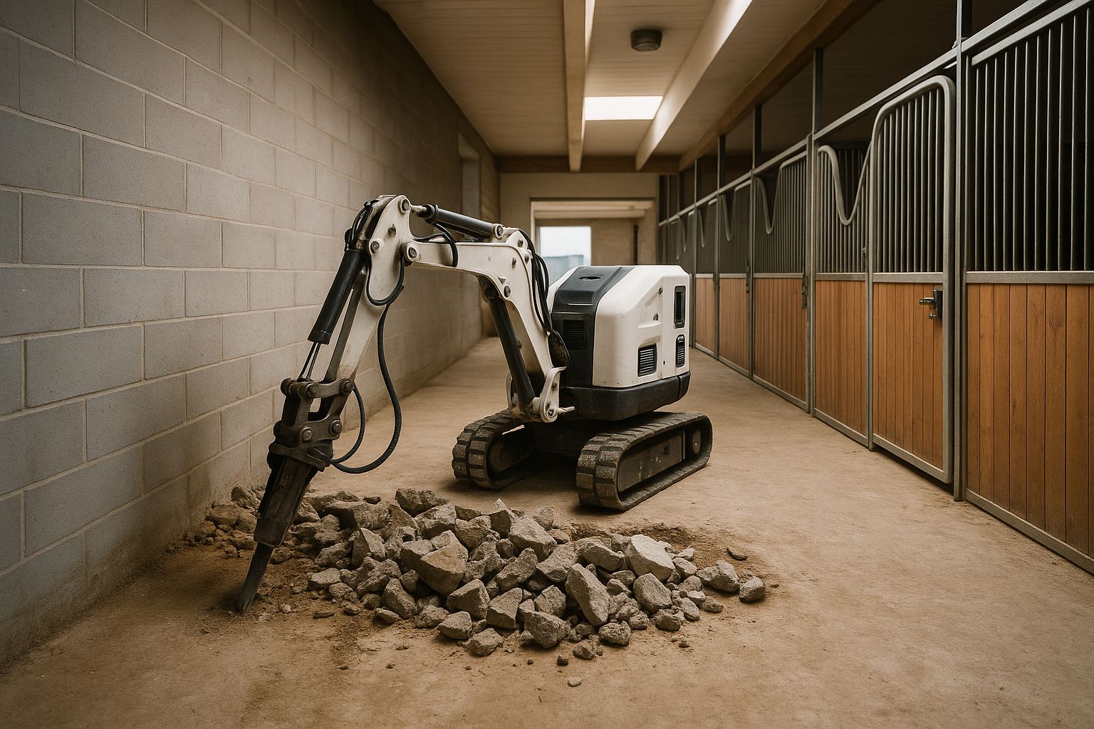Liten rivningsrobot med hydraulisk arm arbetar på ett stallgolv.